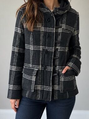 Old Navy Plaid Wool Blend Toggle Coat Jacket Black White Hooded Size Medium